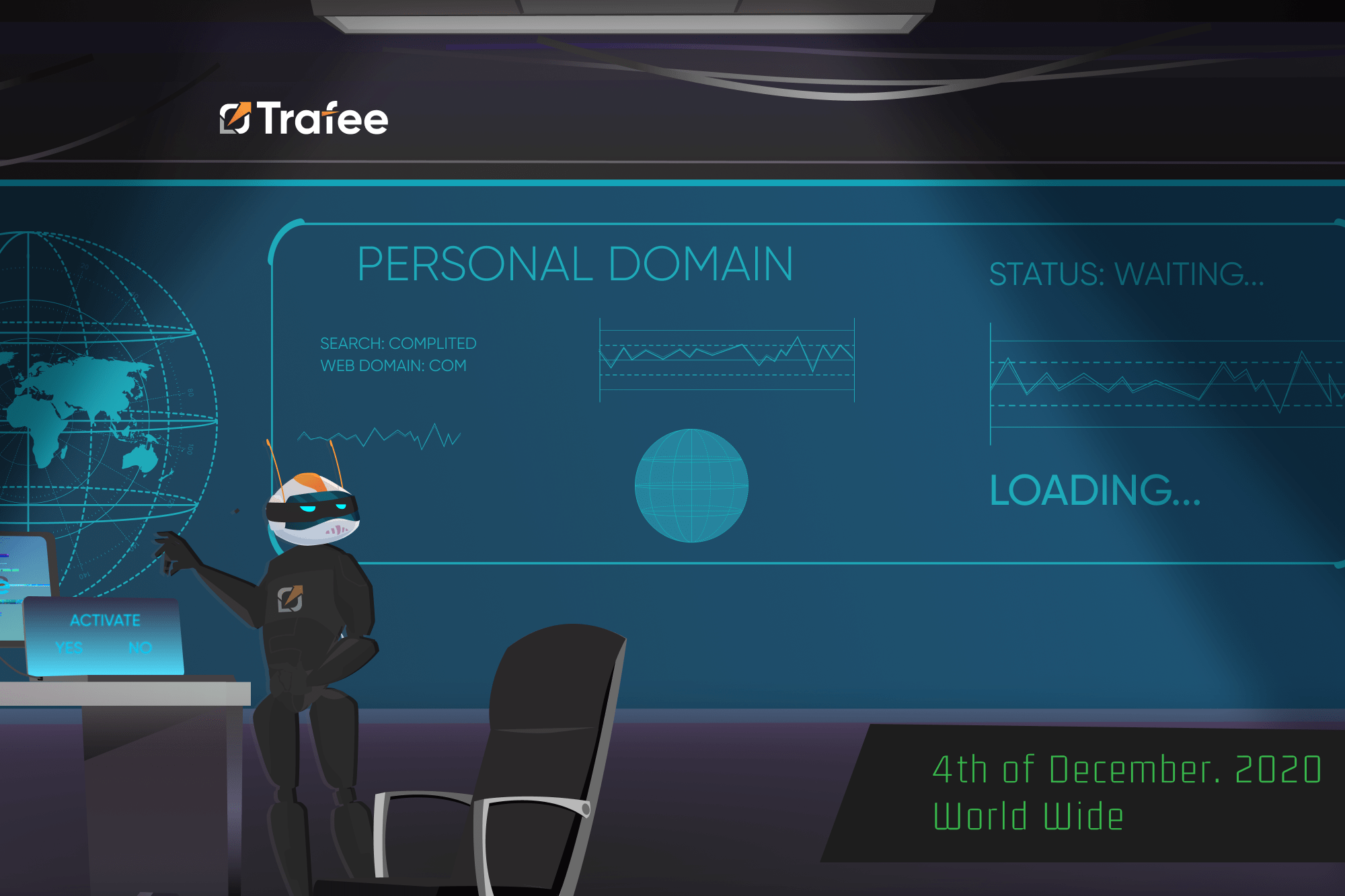 Robot Trafee standing next to a computer