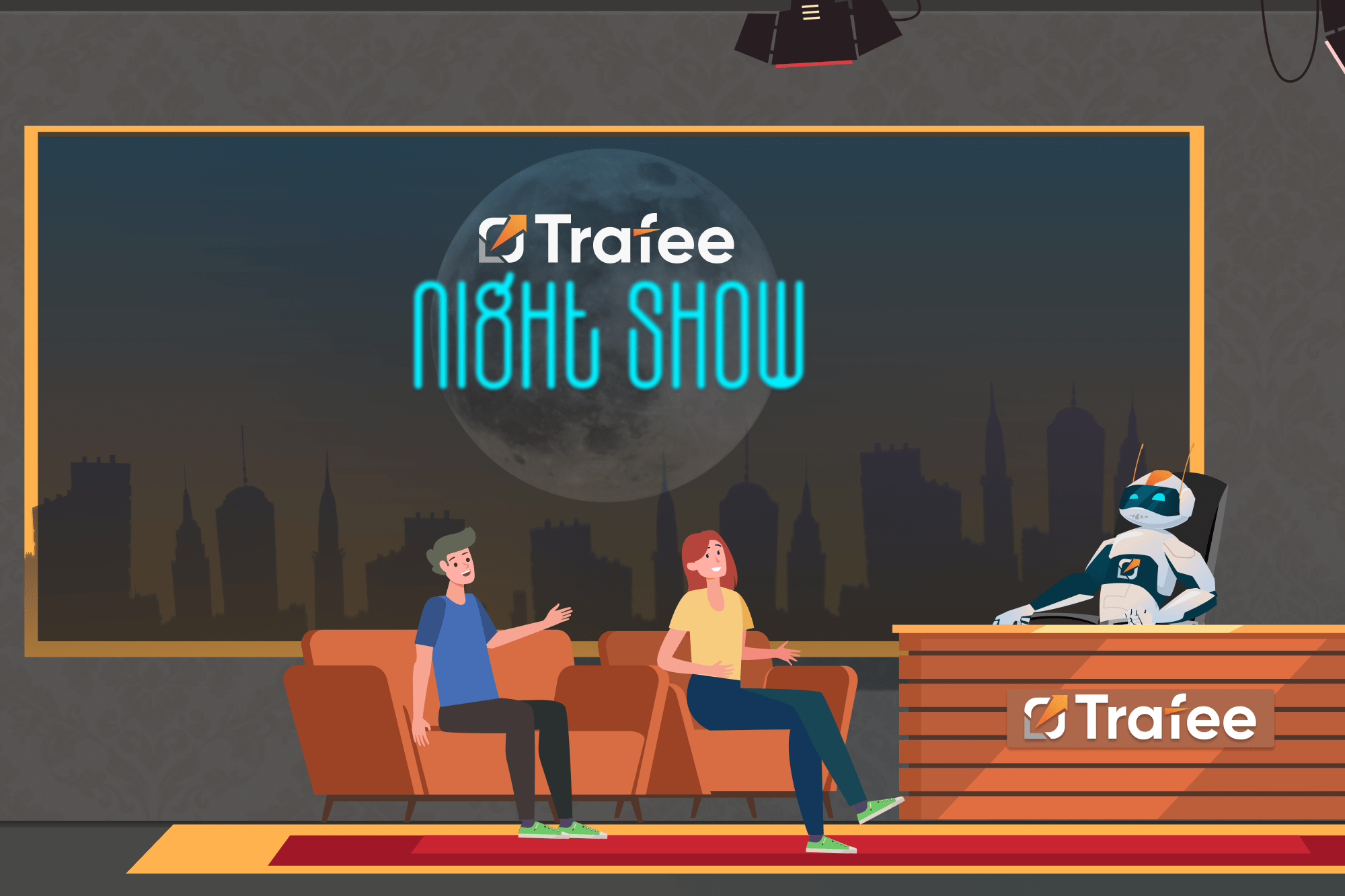 Two guest of the night show sitting next to Trafee robot