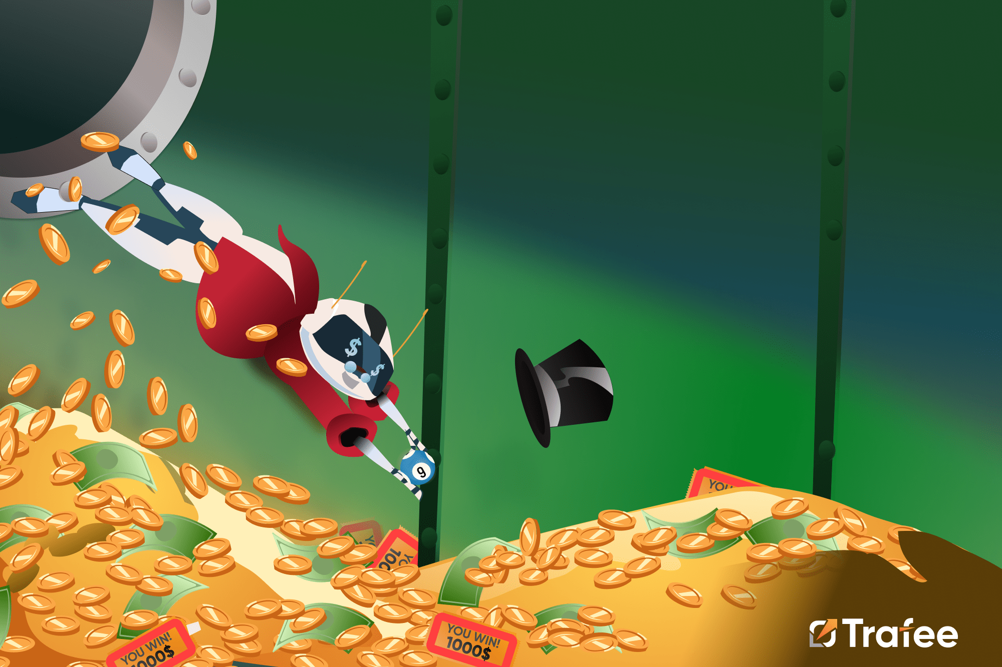 Trafee robot swimming in a pool of money