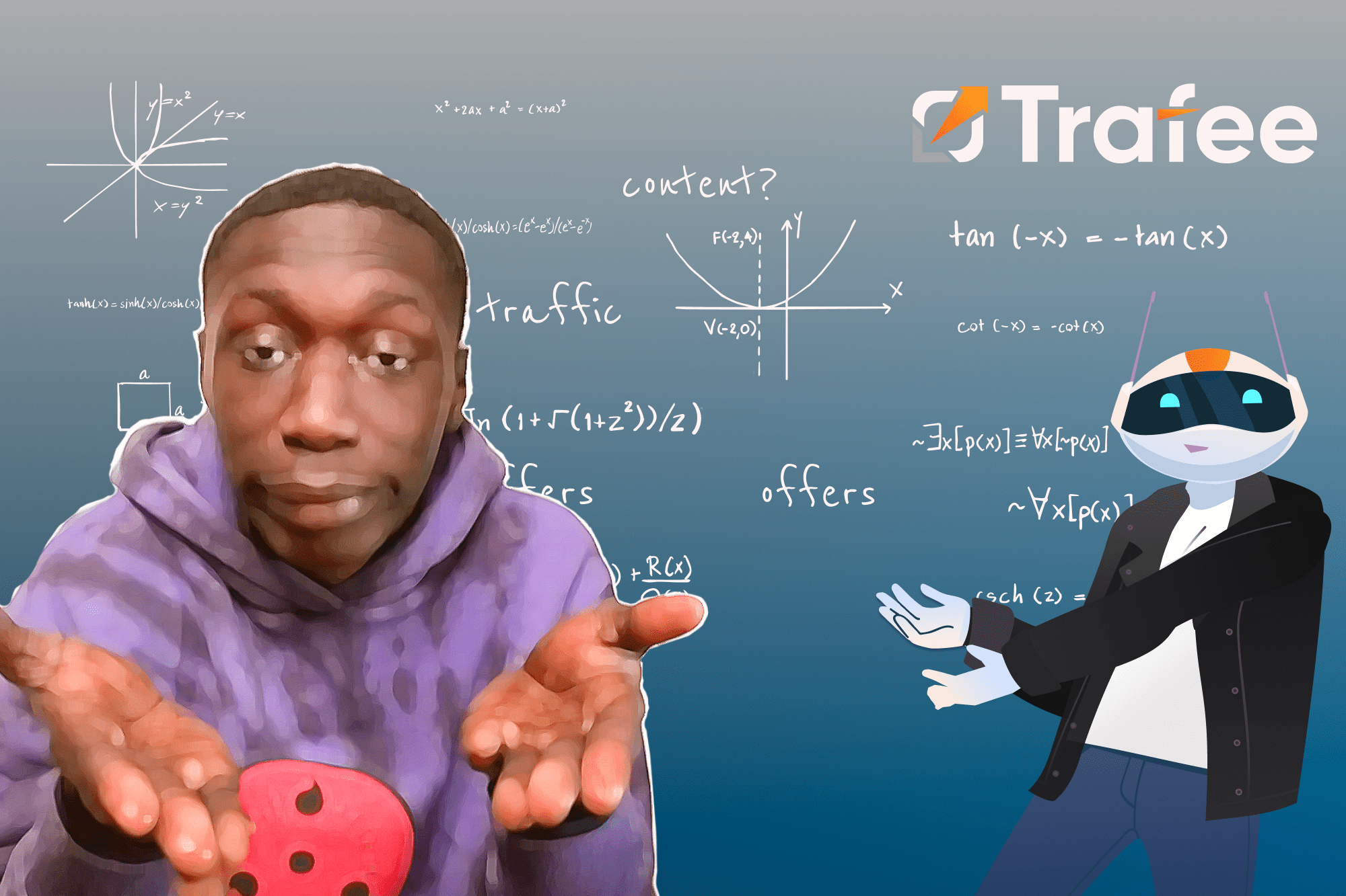 Robot Trafee next to a famous person explaining Smartlinks