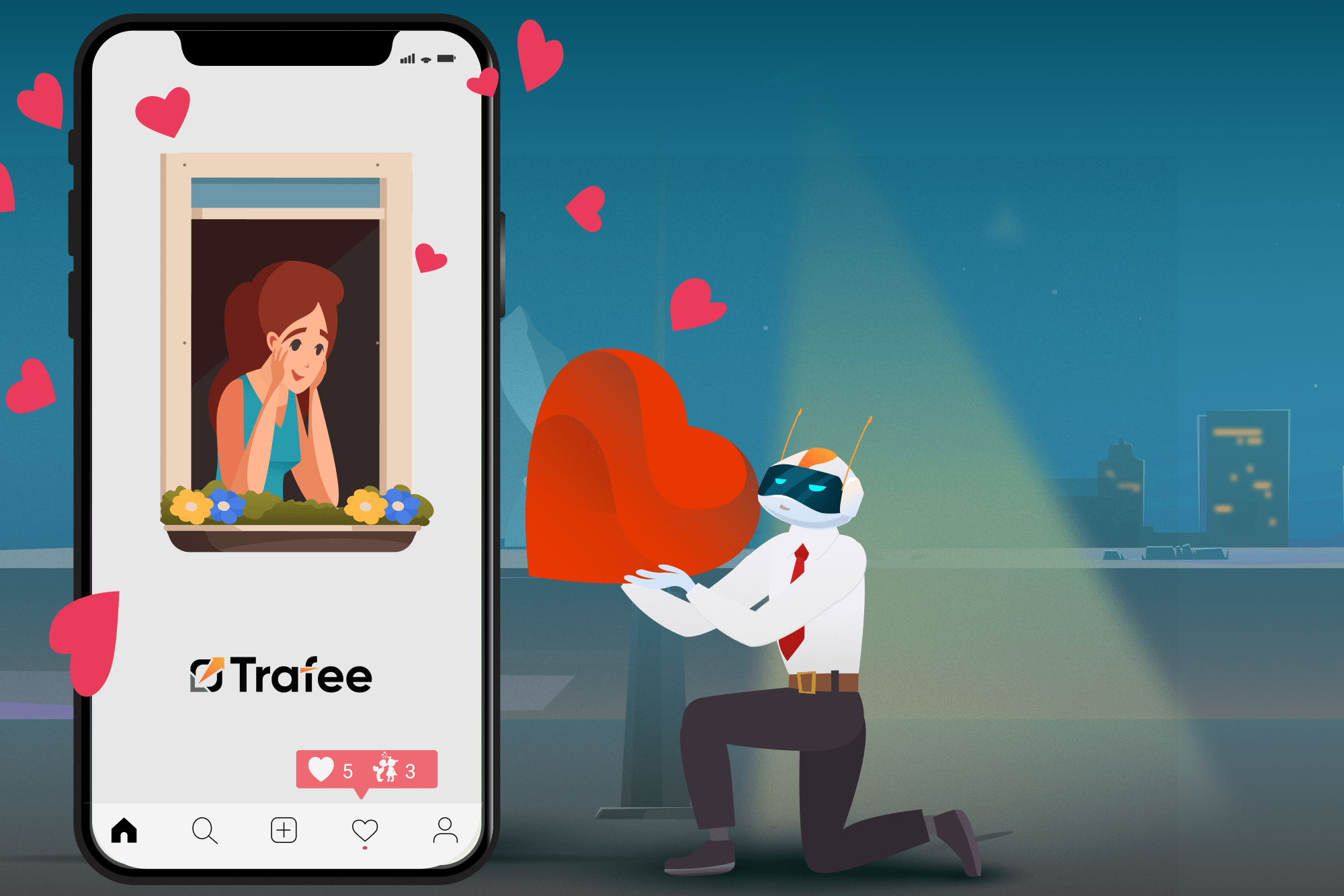 Instagram feed of a girl and Trafee robot presenting her a big heart