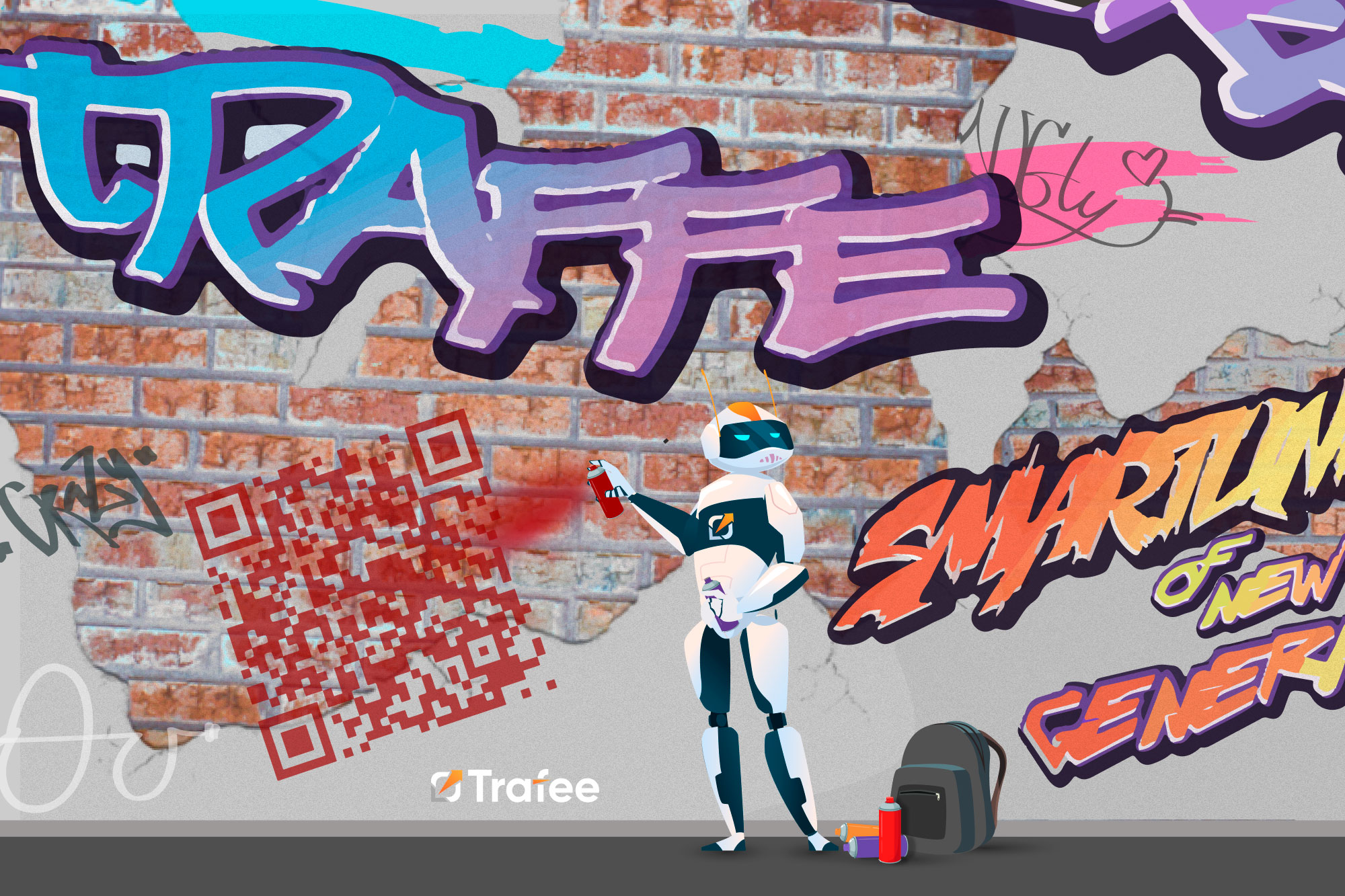 Robot Trafee next to a graffiti wall teaches you how to earn money online with tips from affiliate marketing